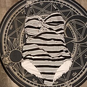 Black and white striped one piece swimsuit